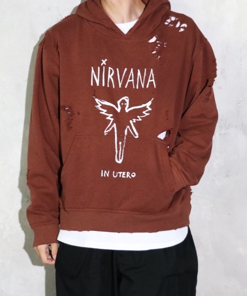 THRIFTY LOOK / スリフティールック WORN-OUT BAND HOODIE 'NIRVANA' ニルヴァーナ ダメージ加工 ユーズド加工 プルオーバーパーカー（パーカー）｜THRIFTY LOOK（スリフティールック）