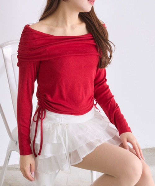 OLIVE des OLIVE(オリーブデオリーブ)の「ピコレースオフショルトップス(Tシャツ/カットソー・レディース・オフホワイト/レッド/ピンク/トップグレー・FREE)」の4枚目の写真
