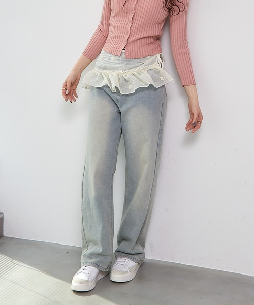 セール】ワンポイントリボン刺繍デニムパンツ（デニムパンツ