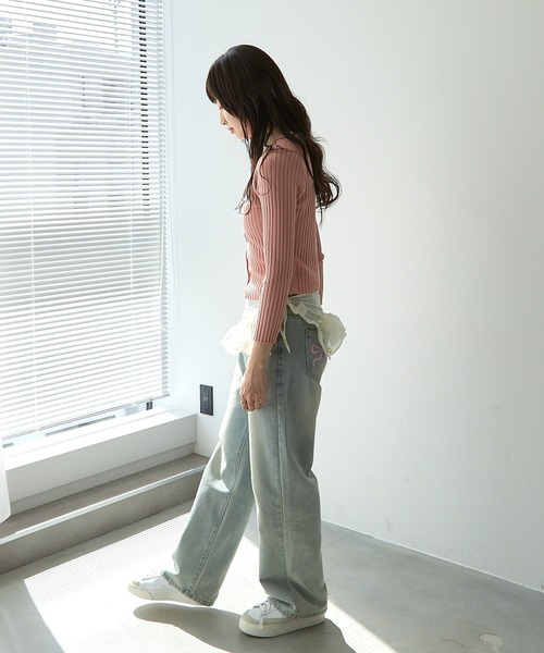セール】ワンポイントリボン刺繍デニムパンツ（デニムパンツ