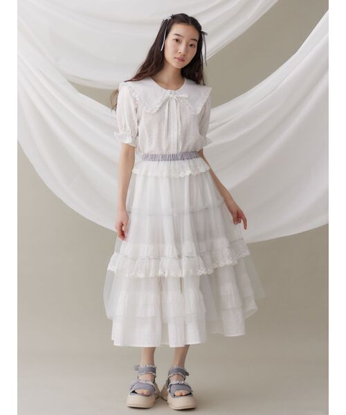 メリージェニー　リボンリボンシャツ　ミックス　ストライプ　ブラウス　白　グレー メリージェニー merry jenny リボンリボンシャツ （ミックス