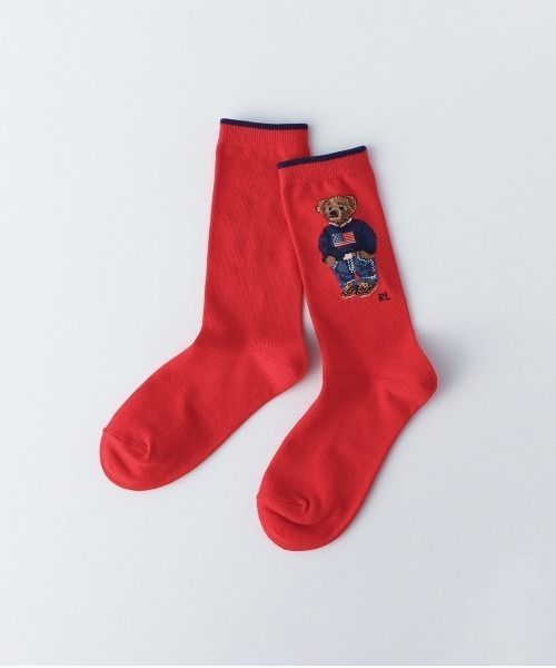 POLO RALPH LAUREN(ポロ ラルフ ローレン)の「POLO RALPH LAUREN レディース オーガニックコットン混 デニムベア クルーソックス 03207241(ソックス/靴下・レディース・ライトグレー/ホワイト/レッド系その他/ネイビー・23-25cm)」の1枚目の写真