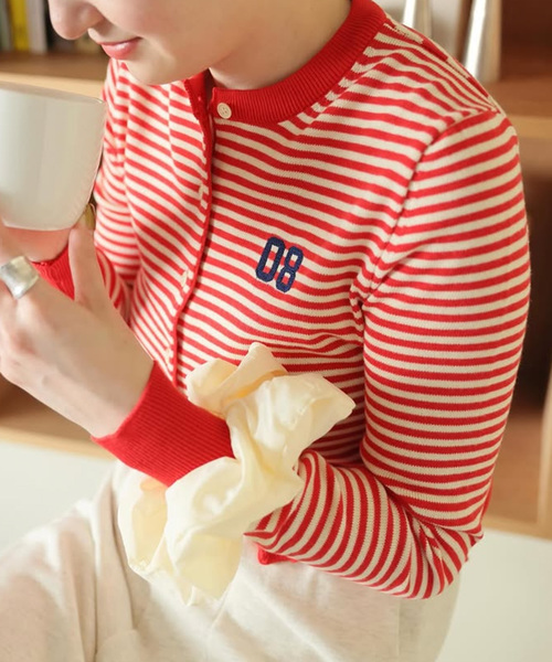GREEN BUTTER(グリーンバター)の「【GREEN BUTTER/グリーンバター】Washable Stripe Cotton CD:カーディガン(カーディガン/ボレロ・レディース・ブラック/ブラウン/レッド・FREE)」の3枚目の写真