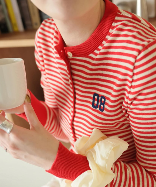 GREEN BUTTER(グリーンバター)の「【GREEN BUTTER/グリーンバター】Washable Stripe Cotton CD:カーディガン(カーディガン/ボレロ・レディース・ブラック/ブラウン/レッド・FREE)」の9枚目の写真