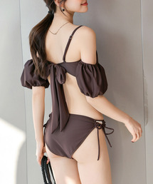 TeddyShop | レディース水着 パフスリ風バックリボンオフショルビキニ 上下2点セット(水着)