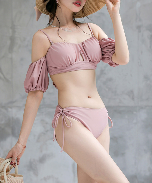 TeddyShop（テディショップ）の「レディース水着 パフスリ風バックリボンオフショルビキニ 上下2点セット（水着・レディース・オレンジ/ブラック/ダークブラウン/ピンク・S/M/L）」の20枚目の写真