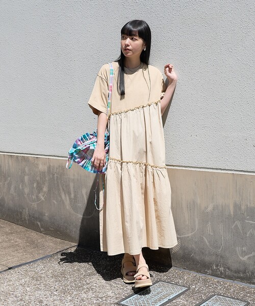 セール】裾フリル ピグメント半袖ワンピース/異素材ドッキング