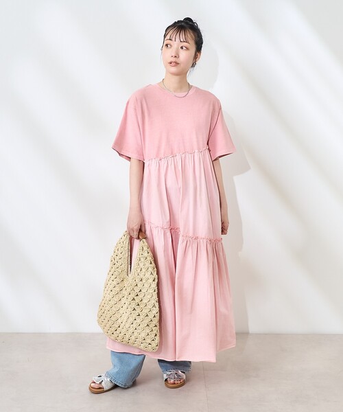 FREAK'S STORE（フリークスストア）の「裾フリル ピグメント半袖ワンピース/異素材ドッキングワンピース（ワンピース・レディース・ベージュ/ピンク/チャコールグレー・ﾌﾘ-）」の17枚目の写真