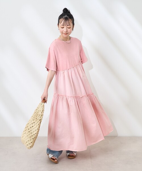 セール】裾フリル ピグメント半袖ワンピース/異素材ドッキング