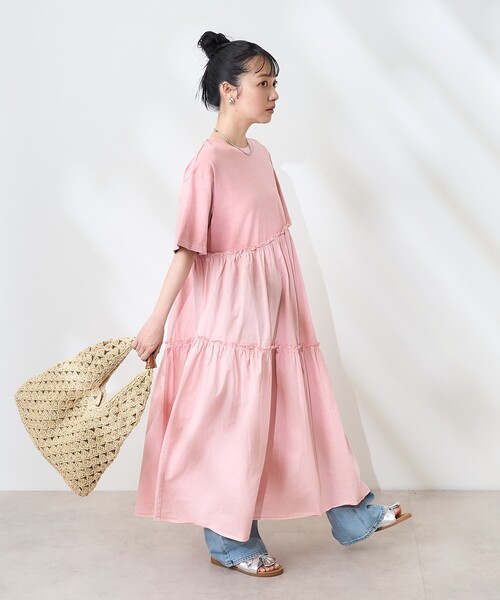 FREAK'S STORE（フリークスストア）の「裾フリル ピグメント半袖ワンピース/異素材ドッキングワンピース（ワンピース・レディース・ベージュ/ピンク/チャコールグレー・ﾌﾘ-）」の19枚目の写真