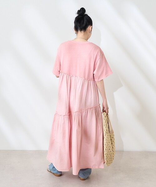 セール】裾フリル ピグメント半袖ワンピース/異素材ドッキング