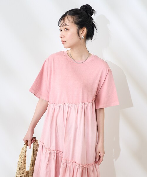 FREAK'S STORE（フリークスストア）の「裾フリル ピグメント半袖ワンピース/異素材ドッキングワンピース（ワンピース・レディース・ベージュ/ピンク/チャコールグレー・ﾌﾘ-）」の21枚目の写真
