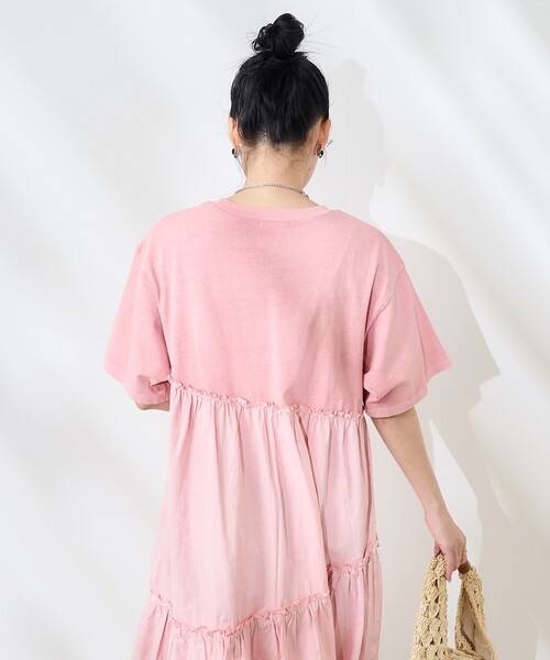 セール】裾フリル ピグメント半袖ワンピース/異素材ドッキング