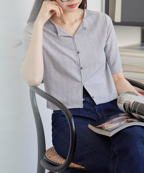 gemeil（ジェムイル）の「【再値下】クロップドシアーカーディガン（IF-225）（Tシャツ/カットソー・レディース・ブラック/アイボリー/グレー・MEDIUM/SMALL）」の3枚目の写真