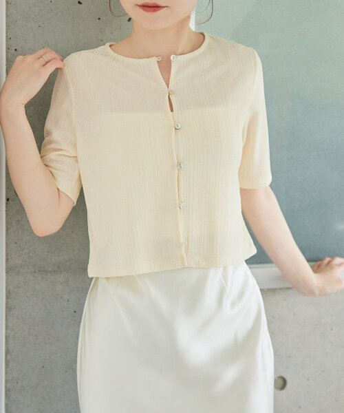 gemeil（ジェムイル）の「【再値下】クロップドシアーカーディガン（IF-225）（Tシャツ/カットソー・レディース・ブラック/アイボリー/グレー・MEDIUM/SMALL）」の6枚目の写真