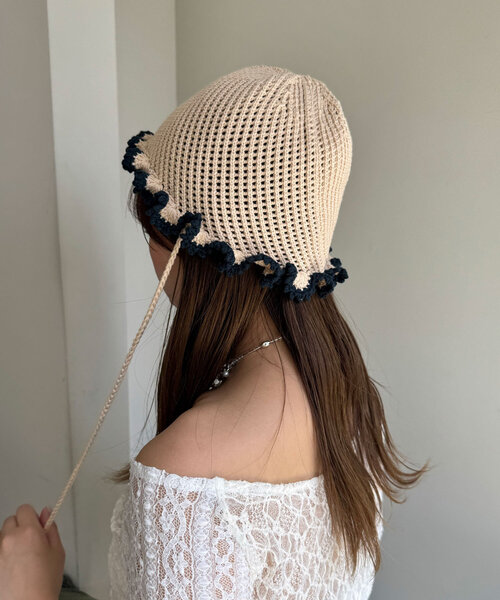 CIAOPANIC（チャオパニック）の「紐付きフリルニットハット（キャップ・レディース・ベージュ/ピンク/グリーン・ONE SIZE）」の5枚目の写真