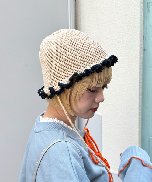 CIAOPANIC（チャオパニック）の「紐付きフリルニットハット（キャップ・レディース・ベージュ/ピンク/グリーン・ONE SIZE）」の7枚目の写真