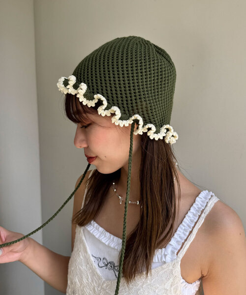 CIAOPANIC（チャオパニック）の「紐付きフリルニットハット（キャップ・レディース・ベージュ/ピンク/グリーン・ONE SIZE）」の9枚目の写真