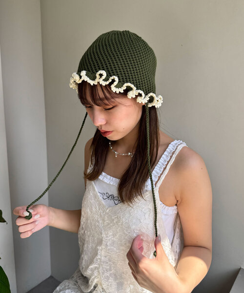 CIAOPANIC（チャオパニック）の「紐付きフリルニットハット（キャップ・レディース・ベージュ/ピンク/グリーン・ONE SIZE）」の10枚目の写真