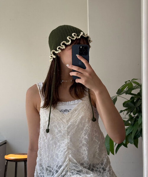 CIAOPANIC（チャオパニック）の「紐付きフリルニットハット（キャップ・レディース・ベージュ/ピンク/グリーン・ONE SIZE）」の12枚目の写真