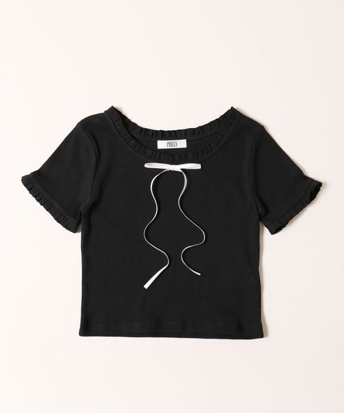 黒 フリル付き Tシャツ ピンクリボン jiltu - メルカリ