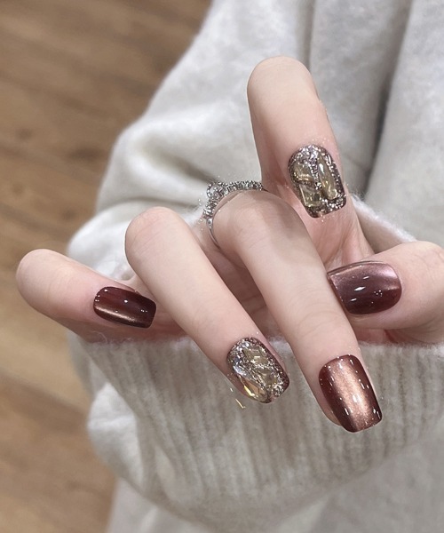 モカ ネイルチップ ネイルチップ アニマル 牛柄 マットネイル モカベージュ ラメ