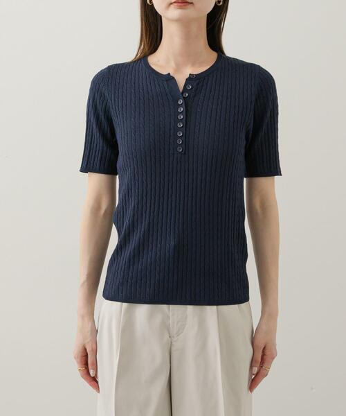 SENSE OF PLACE by URBAN RESEARCH（センスオブプレイスバイアーバンリサーチ）の「ヘンリーネックミニケーブルセーター(半袖)（ニット/セーター・レディース・ピンク/ネイビー/オレンジ/グレー/アイボリー/ライトブルー/ブラック・ONE）」の9枚目の写真