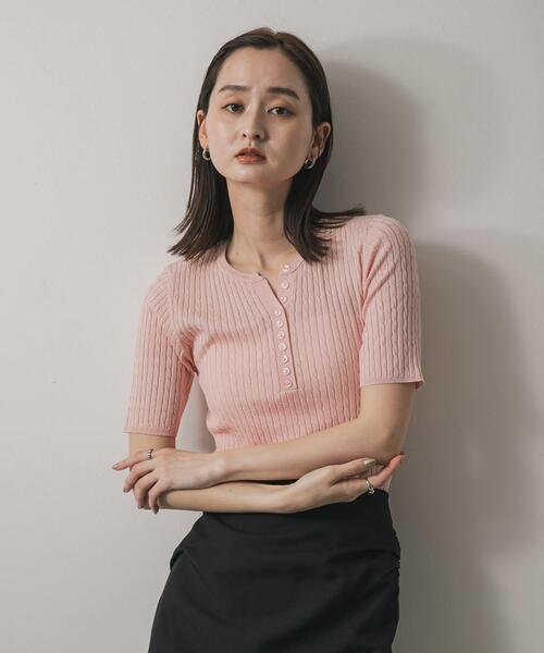 セール】ヘンリーネックミニケーブルセーター(半袖)（ニット/セーター