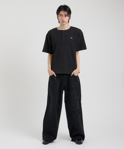 Perushu（ペルーシュ）の「ワッフルヘンリーネックワンポイント刺繍Tシャツ（Tシャツ/カットソー・メンズ・ブラック/バーガンディー/ピンク/グリーン・MEDIUM/LARGE）」の18枚目の写真