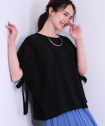 DRESKIP | 【S-LL/二の腕カバー】お袖ギャザーリボン アイレット刺繍トップス(シャツ/ブラウス)
