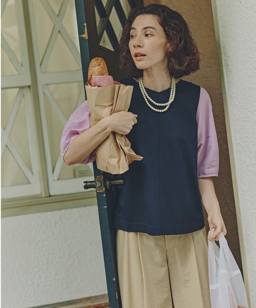 セール】◇シアーストライプドッキングVネックカットソープルオーバー