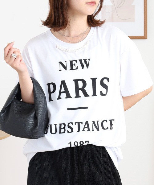 Anna Nicola(アンナニコラ)の「Anna Nicola パール付き半袖ロゴTシャツ(Tシャツ/カットソー・レディース・グレー/ブラック/オフホワイト・38)」の4枚目の写真
