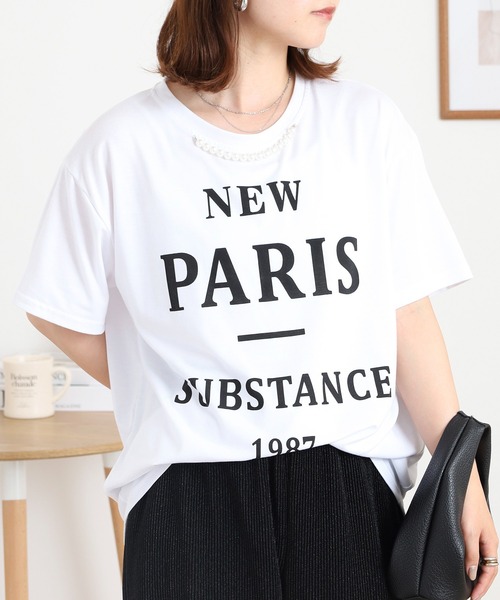 Anna Nicola(アンナニコラ)の「Anna Nicola パール付き半袖ロゴTシャツ(Tシャツ/カットソー・レディース・グレー/ブラック/オフホワイト・38)」の5枚目の写真