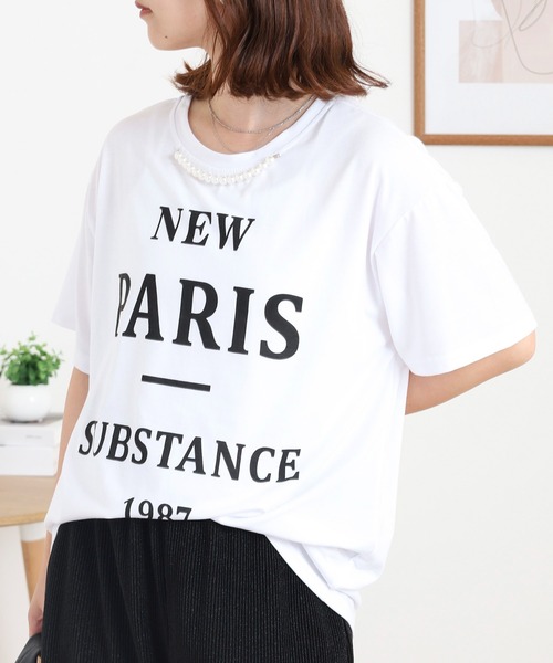 Anna Nicola(アンナニコラ)の「Anna Nicola パール付き半袖ロゴTシャツ(Tシャツ/カットソー・レディース・グレー/ブラック/オフホワイト・38)」の6枚目の写真