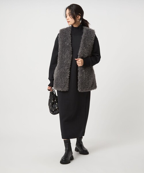 green label relaxing（グリーンレーベルリラクシング）の「ダンボール ハイネック ワンピース（ワンピース・レディース・ブラック/モカ/ダークグレー・FREE）」の10枚目の写真