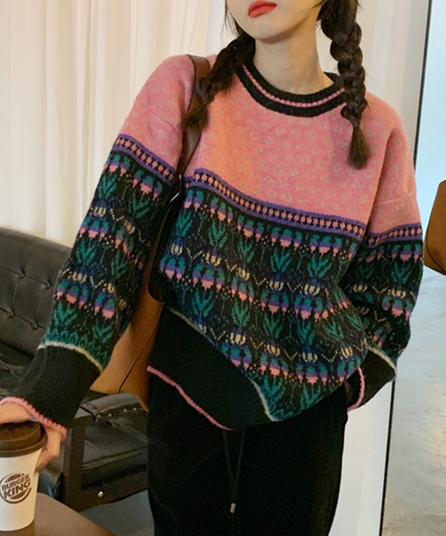 Lace Ladies(レースレディース)の「クルーネック ジャガード柄 長袖 ニット プルオーバー(ニット/セーター・レディース・ブルー/ピンク・FREE)」の1枚目の写真