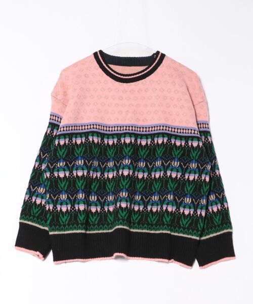 Lace Ladies(レースレディース)の「クルーネック ジャガード柄 長袖 ニット プルオーバー(ニット/セーター・レディース・ブルー/ピンク・FREE)」の6枚目の写真