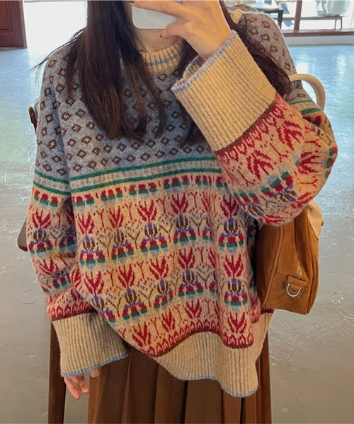 Lace Ladies(レースレディース)の「クルーネック ジャガード柄 長袖 ニット プルオーバー(ニット/セーター・レディース・ブルー/ピンク・FREE)」の7枚目の写真