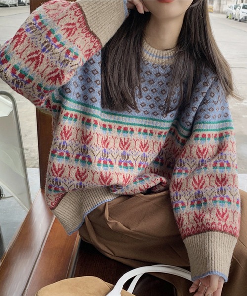 Lace Ladies(レースレディース)の「クルーネック ジャガード柄 長袖 ニット プルオーバー(ニット/セーター・レディース・ブルー/ピンク・FREE)」の8枚目の写真