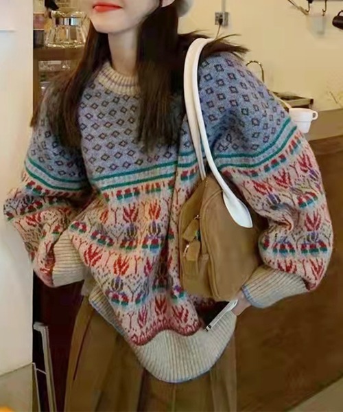 Lace Ladies(レースレディース)の「クルーネック ジャガード柄 長袖 ニット プルオーバー(ニット/セーター・レディース・ブルー/ピンク・FREE)」の9枚目の写真