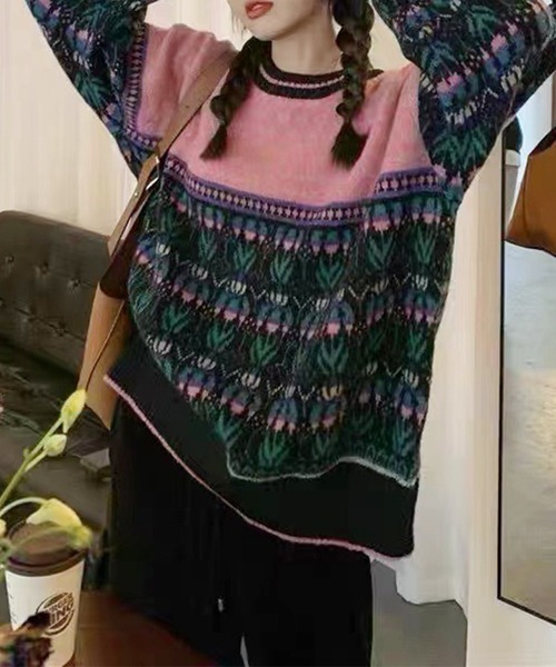 Lace Ladies(レースレディース)の「クルーネック ジャガード柄 長袖 ニット プルオーバー(ニット/セーター・レディース・ブルー/ピンク・FREE)」の12枚目の写真