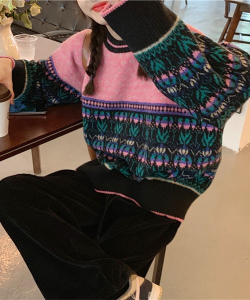 Lace Ladies(レースレディース)の「クルーネック ジャガード柄 長袖 ニット プルオーバー(ニット/セーター・レディース・ブルー/ピンク・FREE)」の14枚目の写真