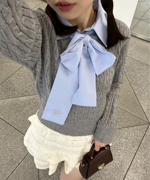 continuer de NICE CLAUP（コンティニューデナイスクラップ）の「リボンタイケーブルニットプルオーバー（ニット/セーター・レディース・トップグレー/ボルドー/ネイビー/アイボリー/ブルー系その他/ホワイト系その他・FREE）」の14枚目の写真