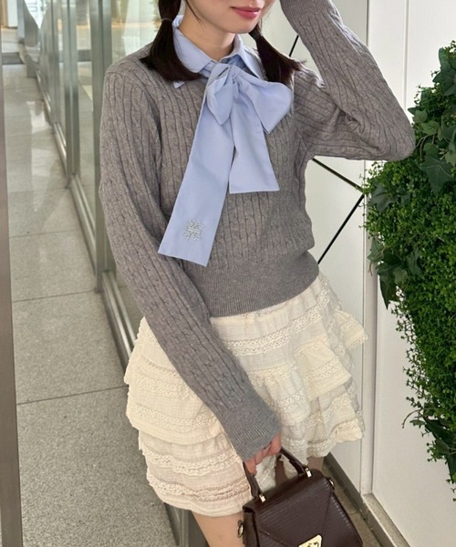 continuer de NICE CLAUP（コンティニューデナイスクラップ）の「リボンタイケーブルニットプルオーバー（ニット/セーター・レディース・トップグレー/ボルドー/ネイビー/アイボリー/ブルー系その他/ホワイト系その他・FREE）」の15枚目の写真