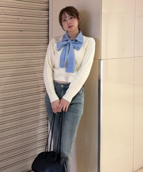 continuer de NICE CLAUP（コンティニューデナイスクラップ）の「リボンタイケーブルニットプルオーバー（ニット/セーター・レディース・トップグレー/ボルドー/ネイビー/アイボリー/ブルー系その他/ホワイト系その他・FREE）」の11枚目の写真