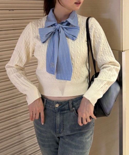 continuer de NICE CLAUP（コンティニューデナイスクラップ）の「リボンタイケーブルニットプルオーバー（ニット/セーター・レディース・トップグレー/ボルドー/ネイビー/アイボリー/ブルー系その他/ホワイト系その他・FREE）」の7枚目の写真