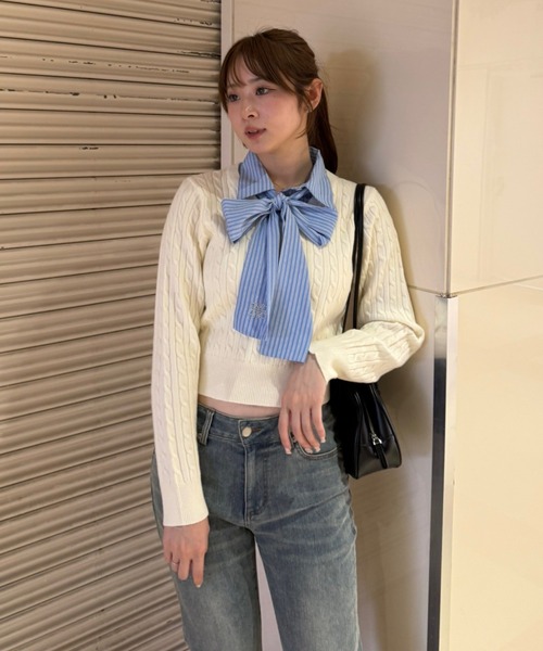 continuer de NICE CLAUP（コンティニューデナイスクラップ）の「リボンタイケーブルニットプルオーバー（ニット/セーター・レディース・トップグレー/ボルドー/ネイビー/アイボリー/ブルー系その他/ホワイト系その他・FREE）」の13枚目の写真