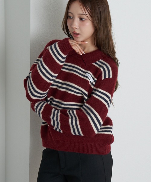 RAY CASSIN（レイカズン）の「ボーダー襟付ニット（ニット/セーター・レディース・ホワイト/ワインレッド/グレー・FREE）」の3枚目の写真