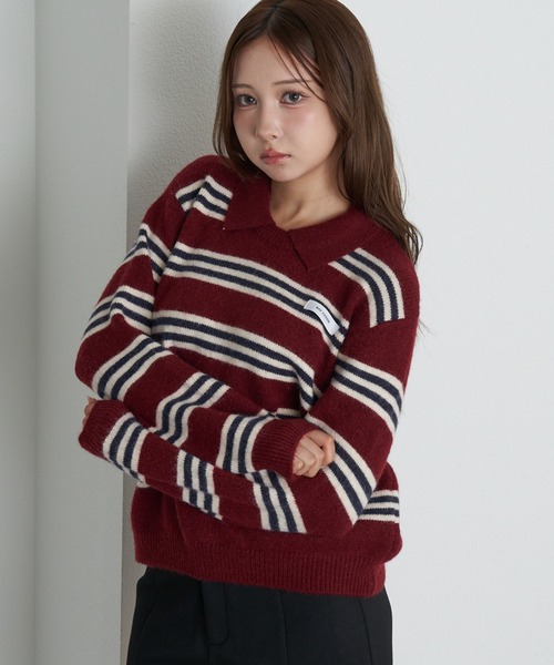RAY CASSIN（レイカズン）の「ボーダー襟付ニット（ニット/セーター・レディース・ホワイト/ワインレッド/グレー・FREE）」の5枚目の写真