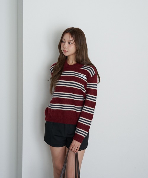 RAY CASSIN（レイカズン）の「ボーダー襟付ニット（ニット/セーター・レディース・ホワイト/ワインレッド/グレー・FREE）」の9枚目の写真